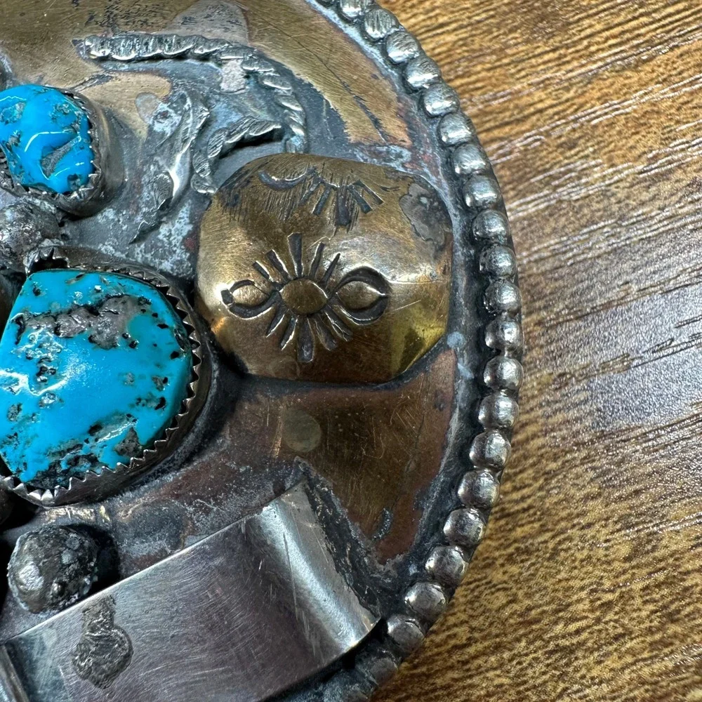 Vintage OE Native American Style Turquoise Red Coral Mixed Metal Belt Buckle